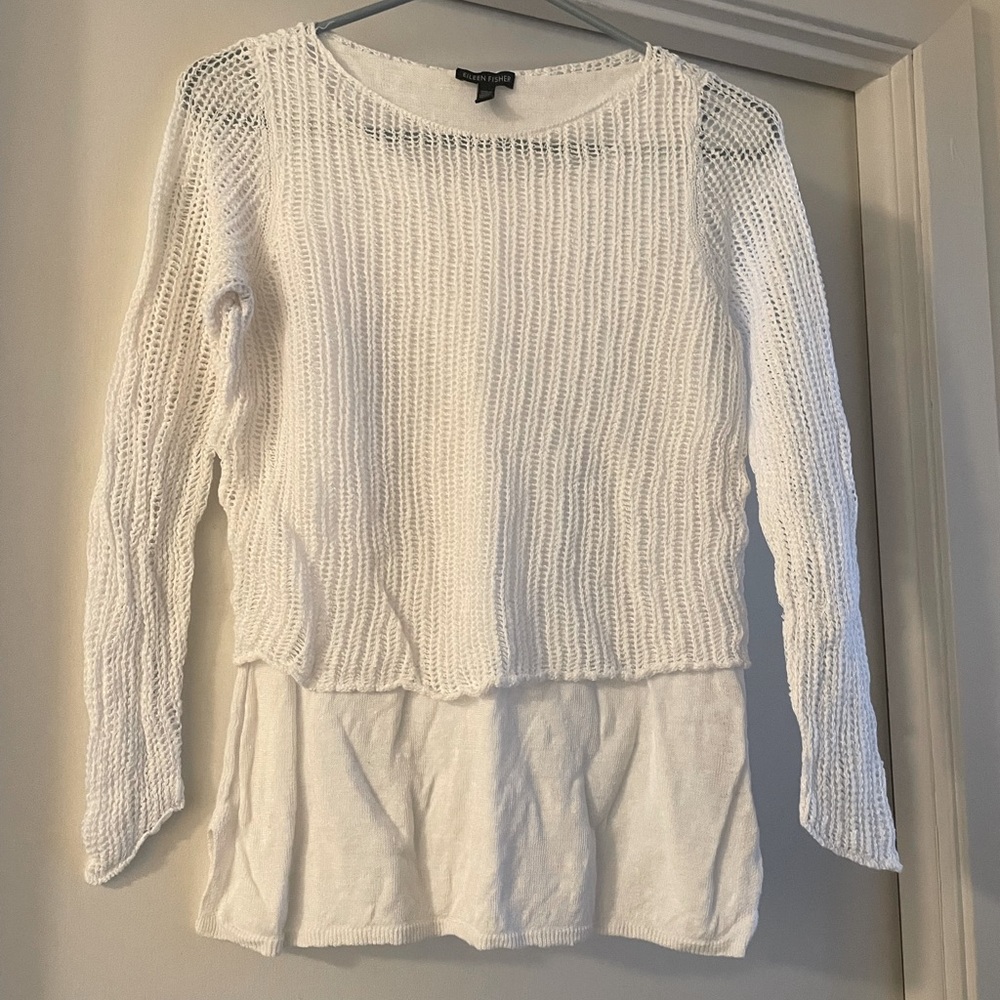 Eileen Fisher white organic linen long sleeve blouse